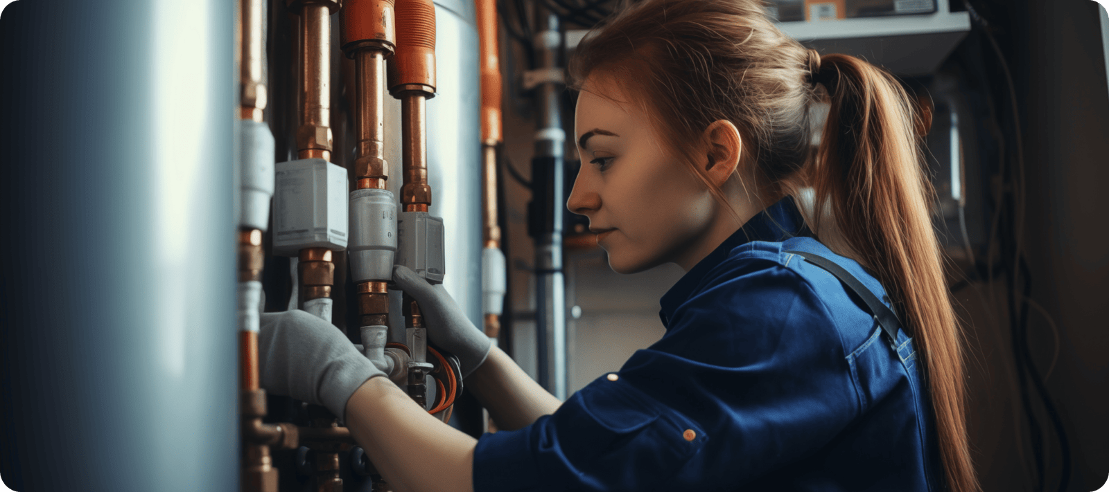 Woman working on a boiler system